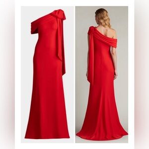 Tadashi Shoji Vibrant Red Crepe One-Shoulder Draped Bow Dress Gown NEW